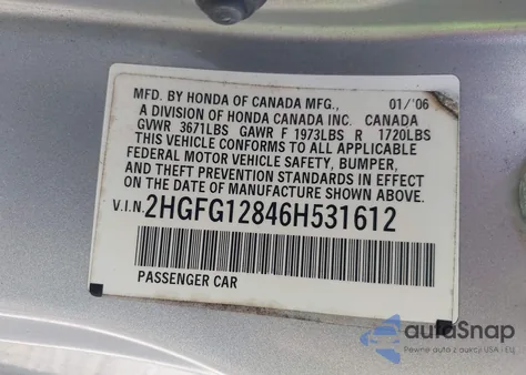 2006 Honda Civic Ex z USA, uszkodzony, nr VIN 2HGFG12846H531612